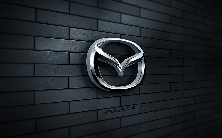Mazda 3D Chrome Emblem on Dark Gray Brick Wall HD wallpaper