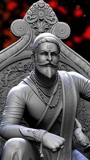Shivaji Maharaj 3D Sculpture Portrait on Ornate Throne with Beaded Necklaces HD phone wallpaper
