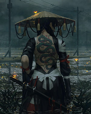 Japanese Samurai Woman with Snake Tattoo and Katana in Rainy Night Scene, : women, Asian, artwork, samurai, sword, fantasy, Japanese Samurai Woman HD phone wallpaper