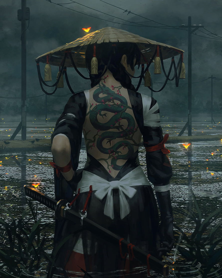 Japanese Samurai Woman with Snake Tattoo and Katana in Rainy Night Scene, : women, Asian, artwork, samurai, sword, fantasy, Japanese Samurai Woman HD phone wallpaper