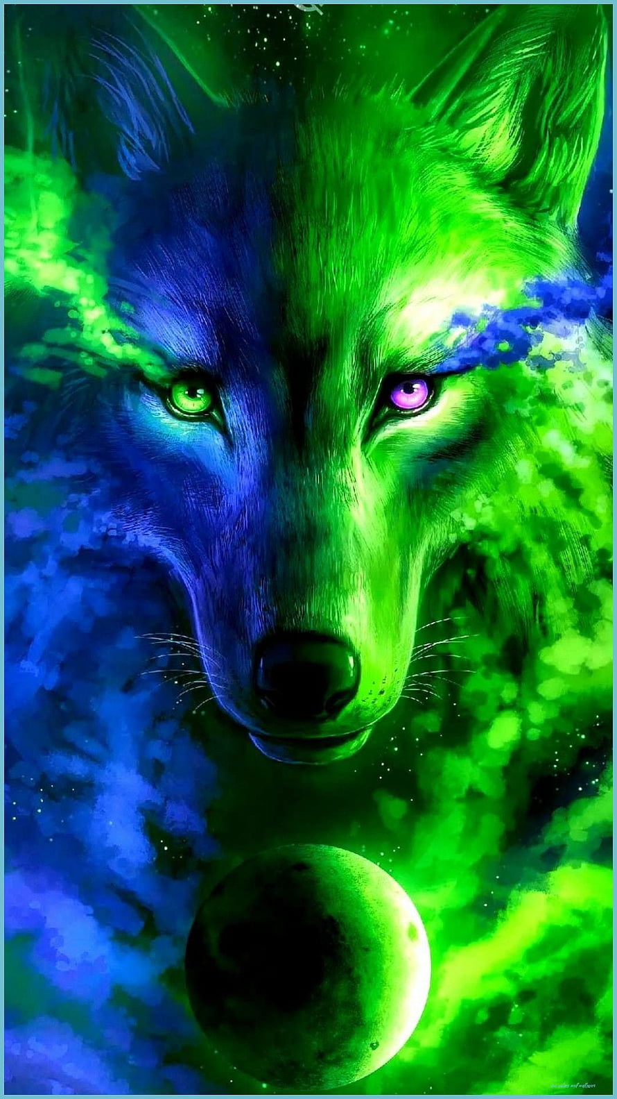 Neon Galaxy Wolf Portrait with Heterochromia Eyes and Cosmic Moon HD phone wallpaper