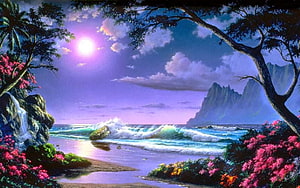 Tropical Beach Landscape with Waterfall, Pink Flowers, and Distant Mountains at Sunset HD wallpaper
