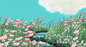 Studio Ghibli Animated Meadow With Pink Flowers And Winding Stream Under Turquoise Sky HD wallpaper