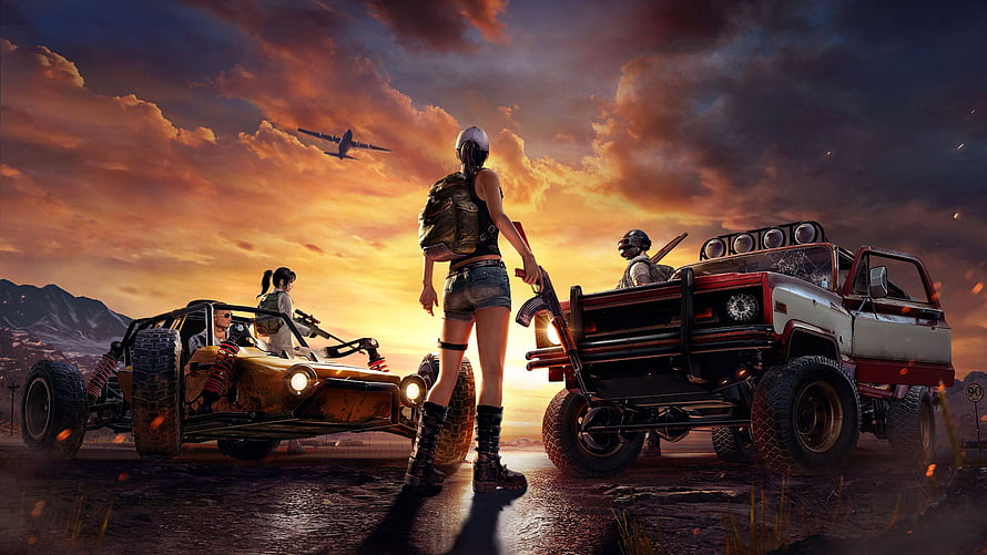 PUBG Lite Post-Apocalyptic Desert Scene with Armed Survivors and Modified Vehicles at Sunset HD wallpaper