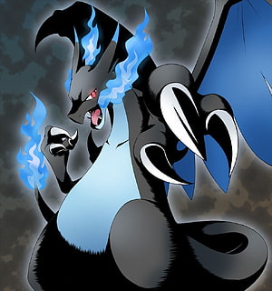 Mega Charizard X Roaring with Blue Flames in Dark Stormy Sky HD phone wallpaper
