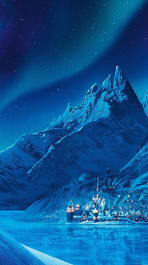 Frozen 2 Arendelle Castle at Night with Aurora Borealis and Snowy Mountains HD phone wallpaper