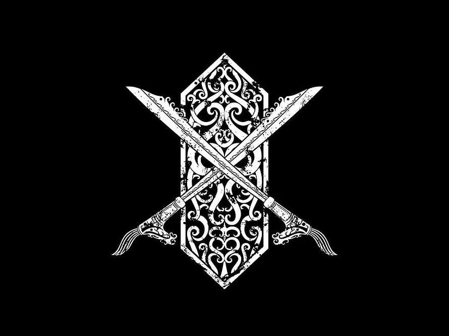 Dayak Borneo Tribal Tattoo Design with Crossed Swords and Ornate Shield HD wallpaper