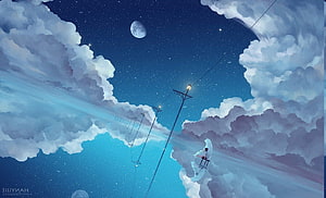 Dreamy Night Sky with Clouds, Moon, and a Cable Car Ride Through the Stars HD wallpaper