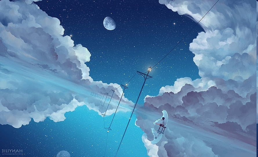 Dreamy Night Sky with Clouds, Moon, and a Cable Car Ride Through the Stars HD wallpaper