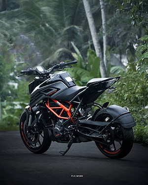 KTM Duke 250 Black and Orange Naked Motorcycle Parked on Tropical Road HD phone wallpaper
