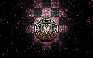 Inter Miami CF Gold Crest on Glittering Pink and Black Mosaic Checkered Background HD wallpaper