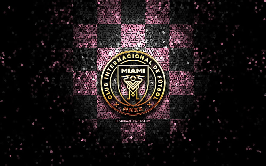 Inter Miami CF Gold Crest on Glittering Pink and Black Mosaic Checkered Background HD wallpaper