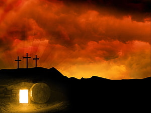 Easter Resurrection Scene With Three Crosses And Empty Tomb Under Dramatic Sky HD wallpaper
