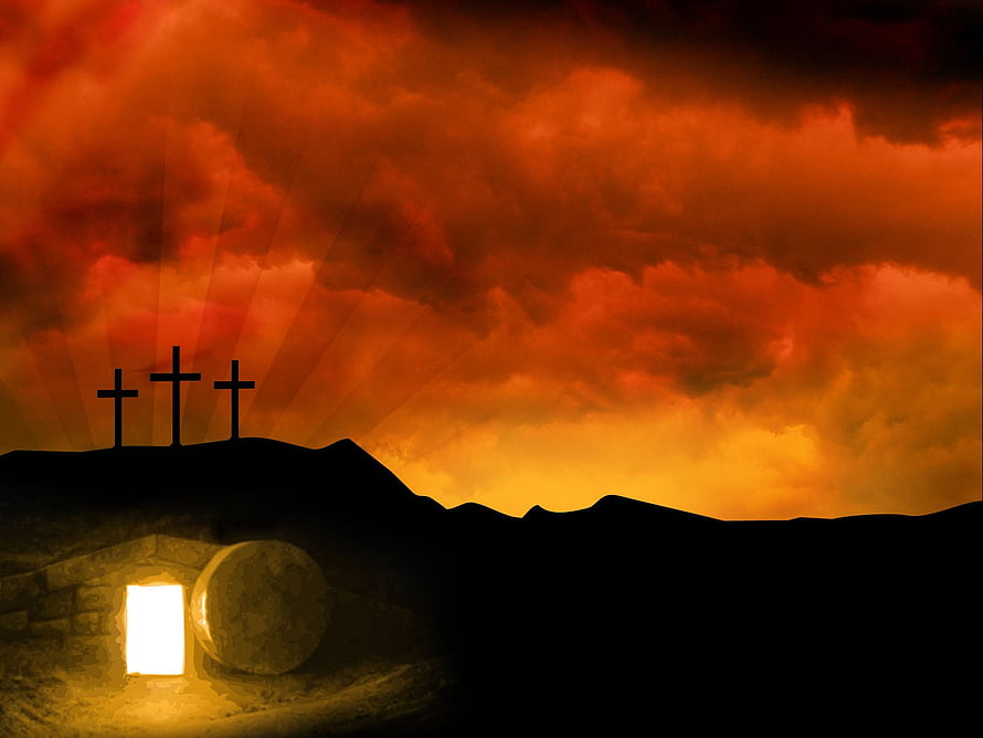 Easter Resurrection Scene With Three Crosses And Empty Tomb Under Dramatic Sky HD wallpaper