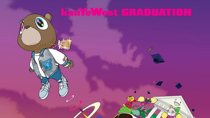 Kanye West Graduation Album Artwork with Cartoon Bear and Purple Sky HD wallpaper