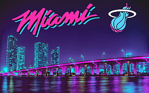Miami Heat Neon Cityscape with Skyline and Bridge in Vibrant Pink and Cyan HD wallpaper
