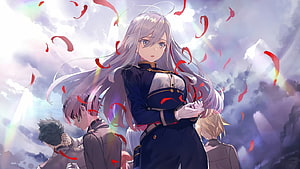 Lena from 86 Eighty Six anime illustration with red petals and dramatic sky HD wallpaper