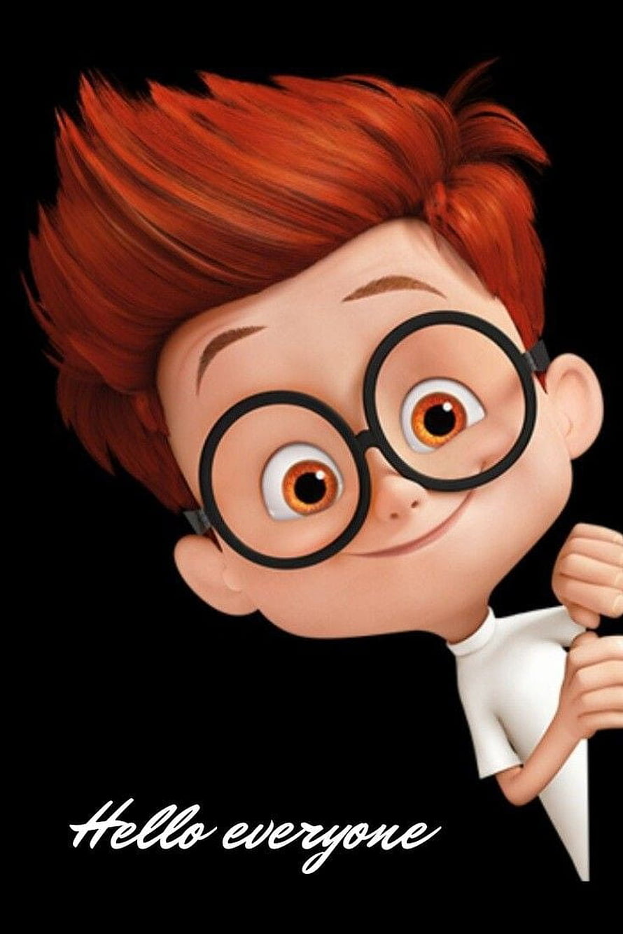 Cute 3D cartoon boy with red hair and round glasses smiling on black background HD phone wallpaper
