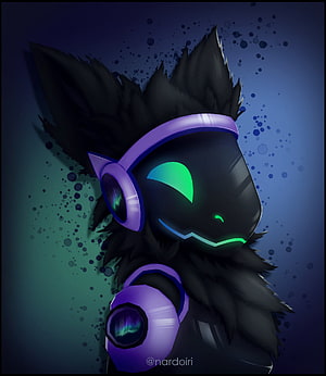 Protogen Furry Character with Purple Headphones and Glowing Green Eyes HD phone wallpaper