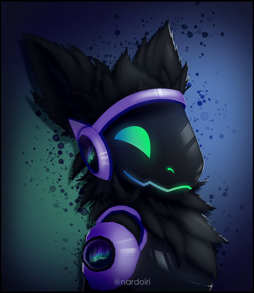 Protogen Furry Character with Purple Headphones and Glowing Green Eyes HD phone wallpaper