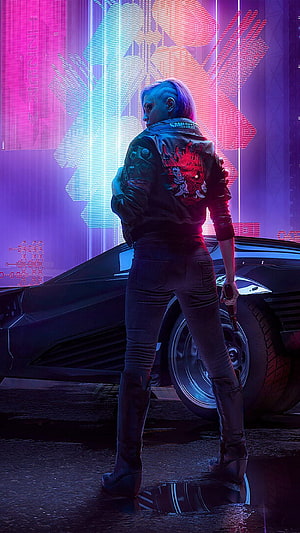 Cyberpunk 2077 Female Character Standing Beside Futuristic Car in Neon City HD phone wallpaper