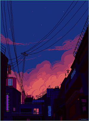Pixel Art Japanese Cityscape at Dusk with Neon Signs and Power Lines HD phone wallpaper
