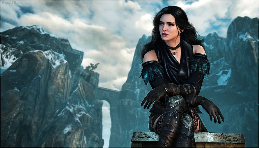Yennefer of Vengerberg in Dark Leather Armor Against Snowy Mountain Cliffs HD wallpaper