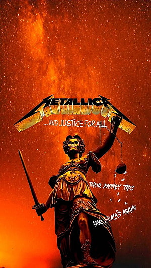 Metallica And Justice for All Skull Lady Justice Statue with Fiery Orange Background HD phone wallpaper