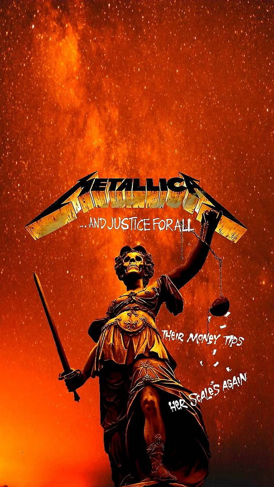 Metallica And Justice for All Skull Lady Justice Statue with Fiery Orange Background HD phone wallpaper