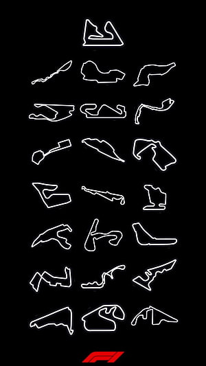 Formula 1 Race Track Circuit Outlines Collection on Black Background HD phone wallpaper