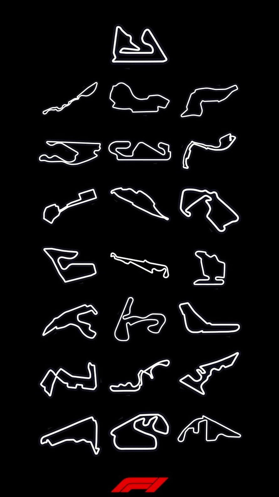Formula 1 Race Track Circuit Outlines Collection on Black Background HD phone wallpaper