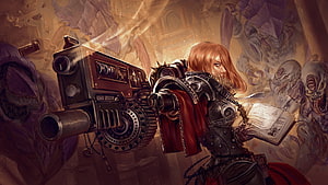 Sisters of Battle Sister of Battle with Bolt Pistol and Codex in Gothic Ruins HD wallpaper