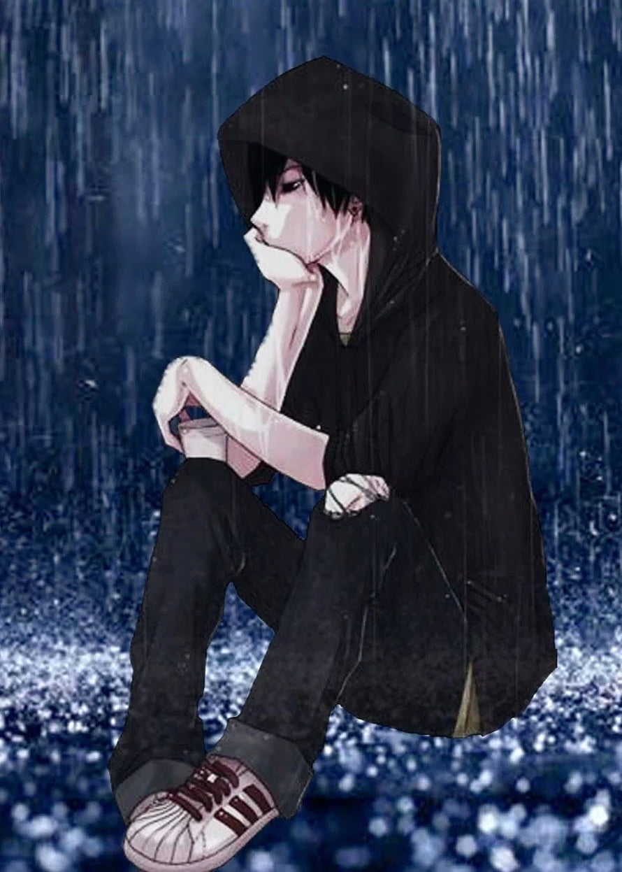 Melancholic Anime Boy Sitting Alone in the Rain Wearing a Black Hoodie HD phone wallpaper