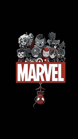 Chibi Marvel Avengers and Spider-Man Hanging from Logo on Black Background, Best Marvel – Page 5 – Cool Background, Marvel Logo HD phone wallpaper