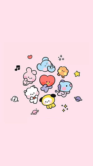 BT21 K-pop Mascot Group on Soft Pink Background with Stars and Music Notes HD phone wallpaper