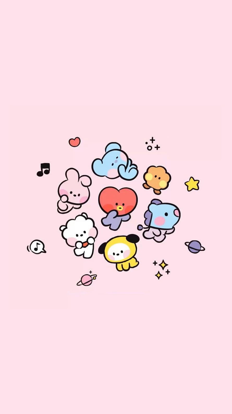BT21 K-pop Mascot Group on Soft Pink Background with Stars and Music Notes HD phone wallpaper