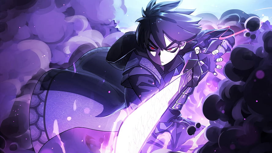 Dark Anime Warrior Wielding Glowing Purple Sword in Swirling Mist HD wallpaper