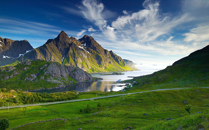 Norwegian Fjord Landscape with Green Hills and Mountain Peaks HD wallpaper
