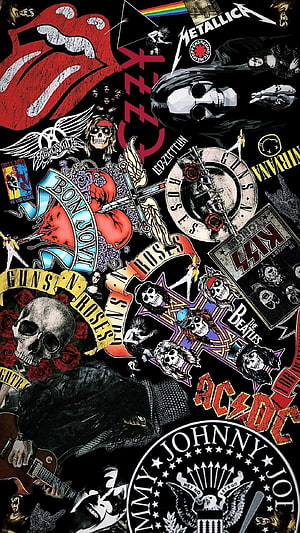 Classic Rock Band Logo Collage with Skulls and Roses on Black Background HD phone wallpaper
