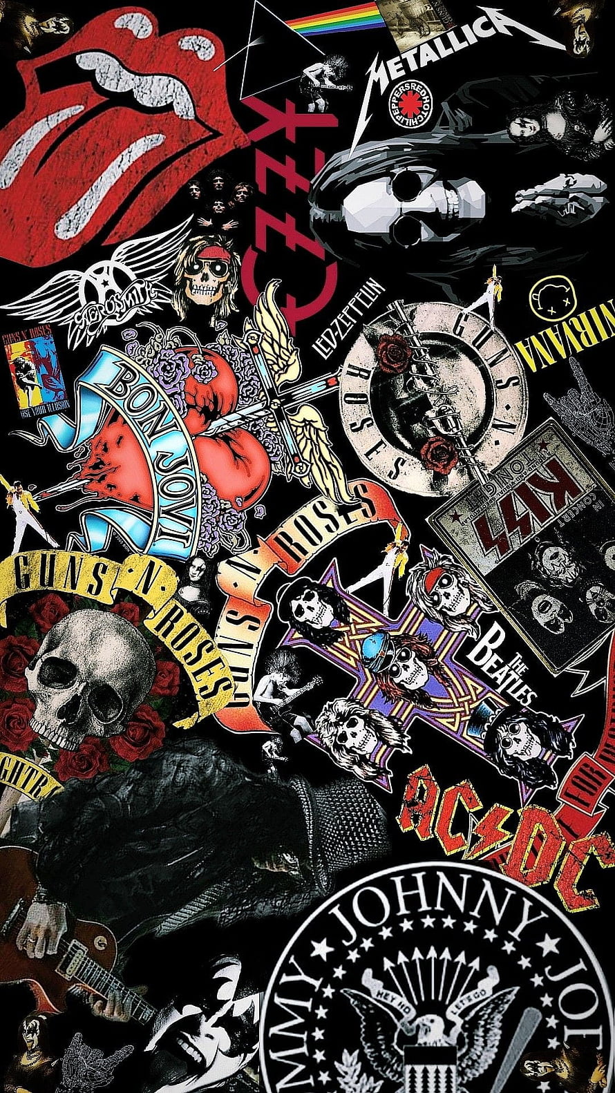 Classic Rock Band Logo Collage with Skulls and Roses on Black Background HD phone wallpaper