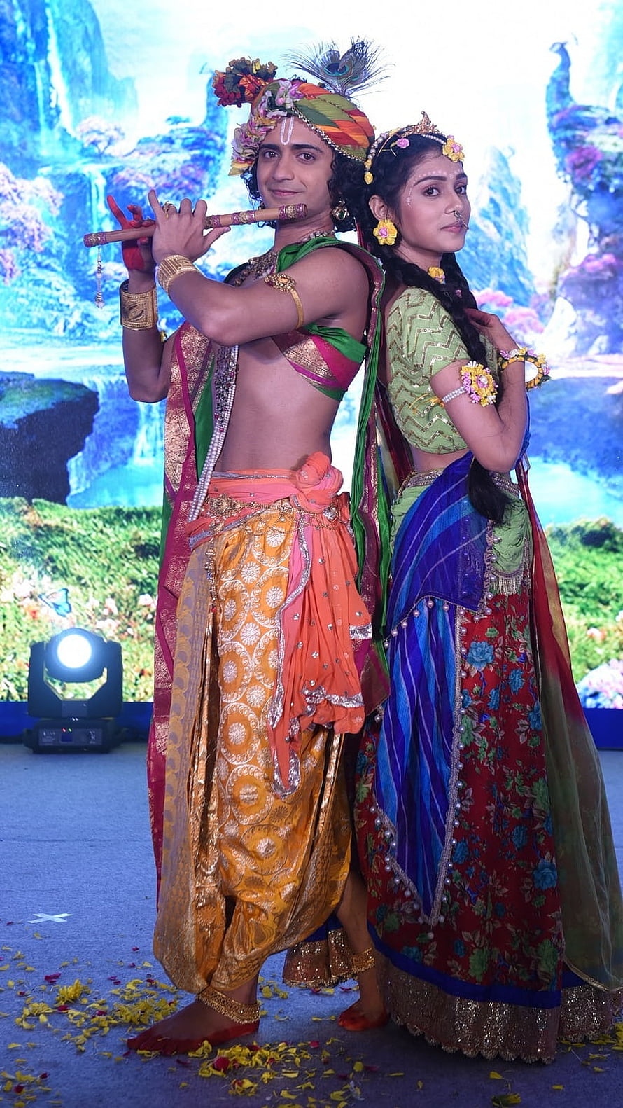 Radha Krishna Devotional Stage Performance in Traditional Indian Attire HD phone wallpaper