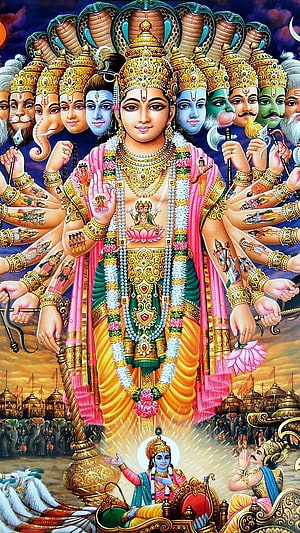 Vishnu Virat Roop Divine Form with Multiple Heads and Arms in Traditional Indian Art HD phone wallpaper