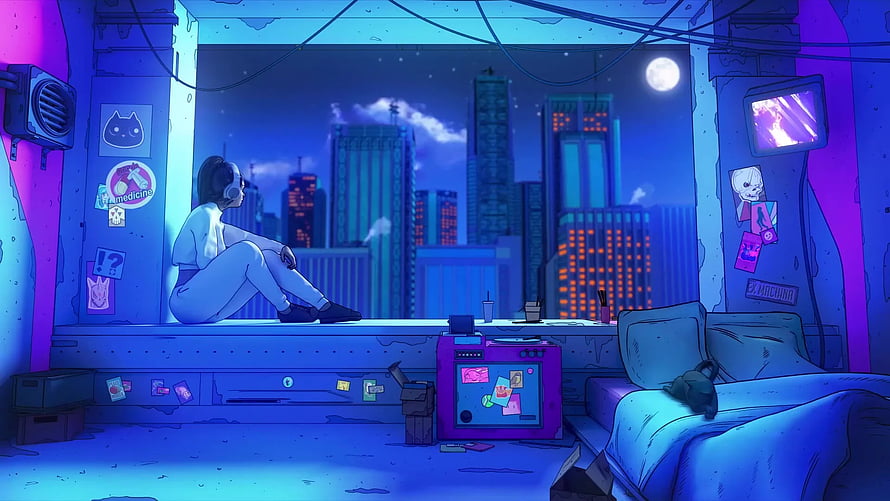Lo-Fi Girl Sitting on Windowsill with Headphones in Neon Blue City Apartment at Night HD wallpaper