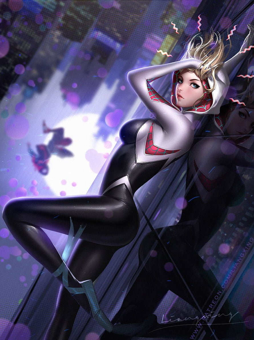 Spider-Gwen Stacy in White and Black Suit Leaning Against Glass with City Skyline HD phone wallpaper