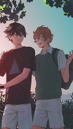 Two Anime Boys Walking Together Under Trees in Soft Sunset Light HD phone wallpaper