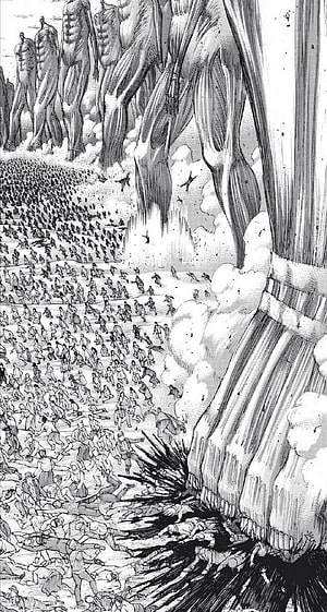 Attack on Titan manga panel showing colossal titans towering over a fleeing crowd in black and white ink HD phone wallpaper