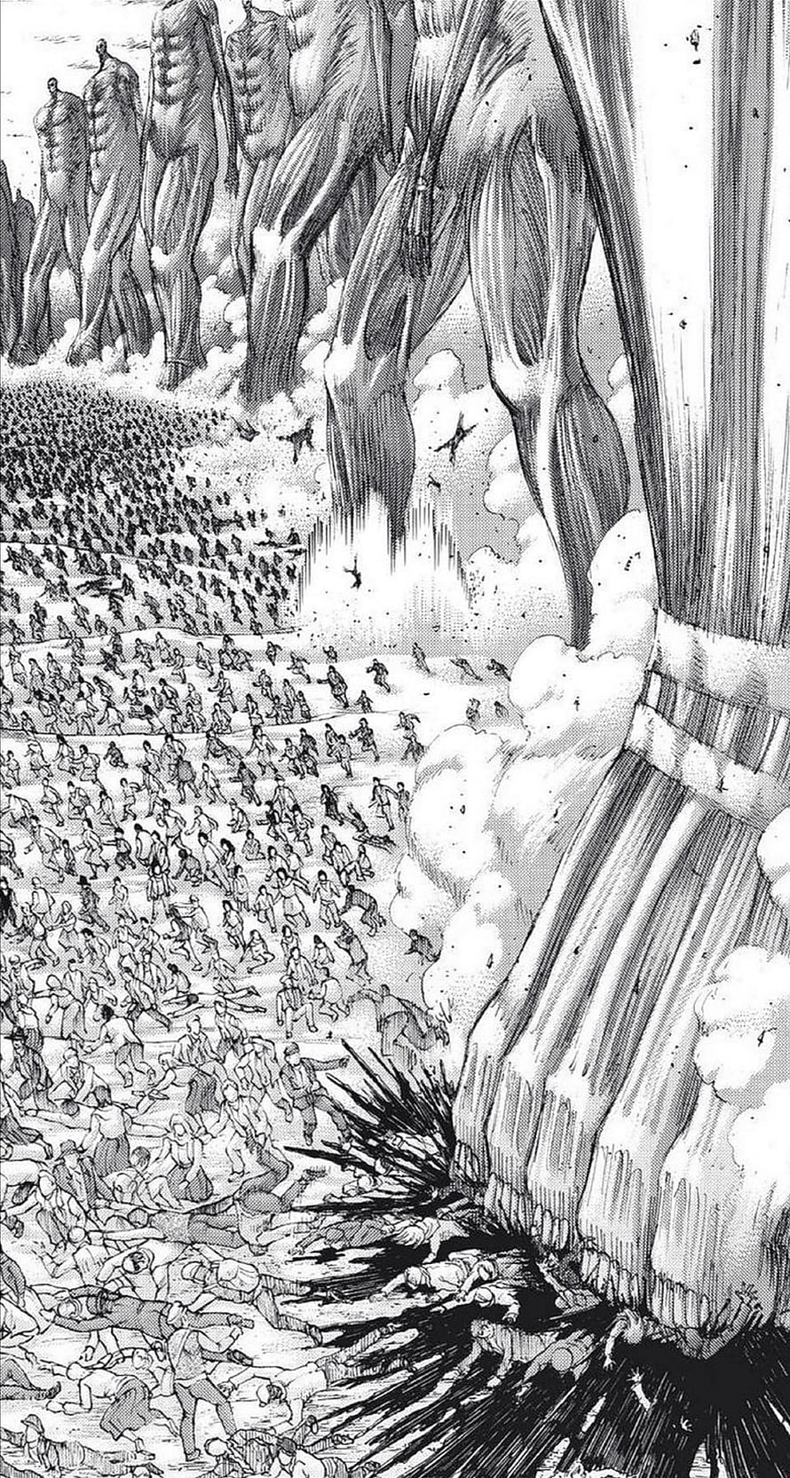 Attack on Titan manga panel showing colossal titans towering over a fleeing crowd in black and white ink HD phone wallpaper