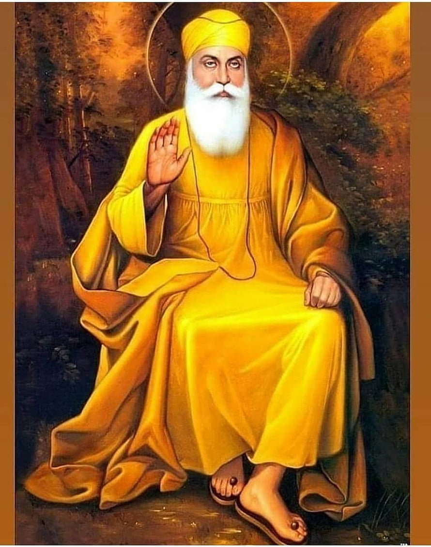 Guru Nanak Ji Portrait in Golden Robes with Halo and White Beard HD phone wallpaper