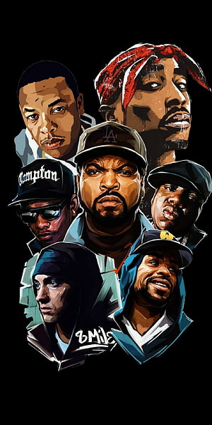 Digital Art Portrait of Iconic Hip Hop Artists in Stylized Vector Illustration HD phone wallpaper