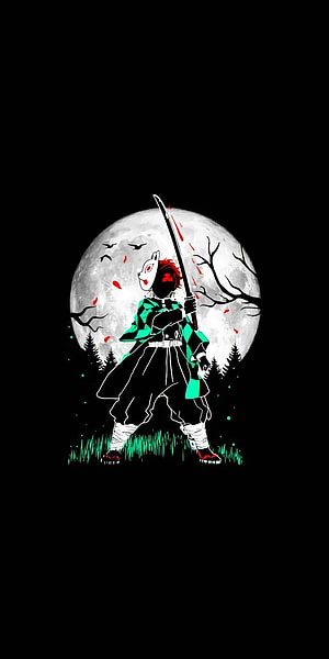 Tanjiro Kamado in Demon Slayer Standing Before a Full Moon with Katana HD phone wallpaper